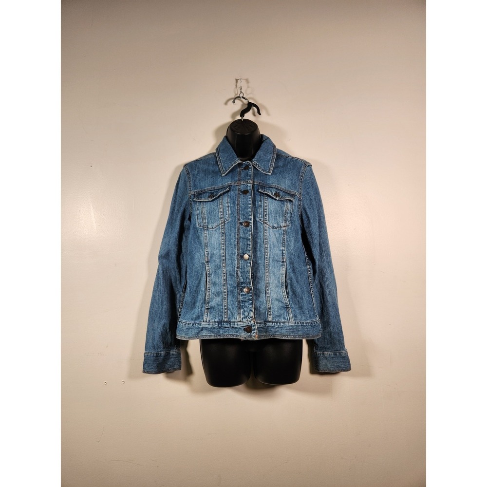 EDDIE BAUER Denim Trucker Jean Jacket Womens M Blue Boho Festival Rodeo Casual